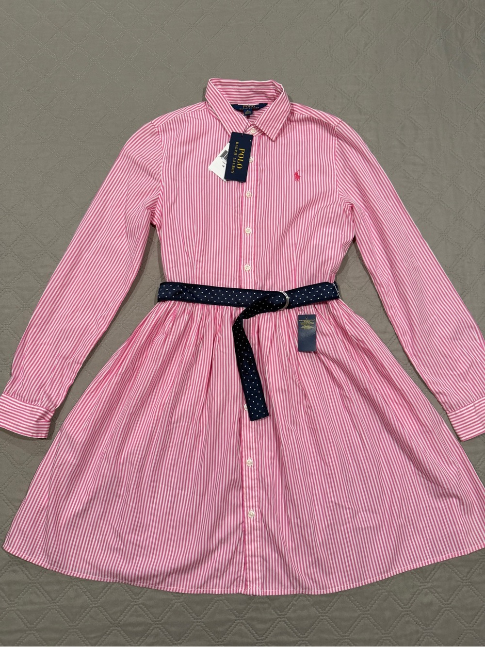 Polo by Ralph Lauren Pink & White Striped Shirt Dress with Navy Belt - Kids